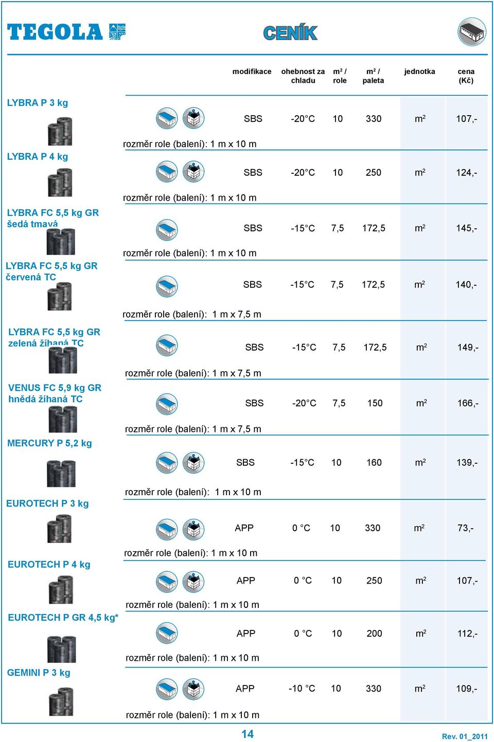 role (balení): 1 m x 7,5 m VENUS FC 5,9 kg GR hnědá žíhaná TC SBS -20 C 7,5 150 1,- rozměr role (balení): 1 m x 7,5 m MERCURY P 5,2 kg SBS -15 C 139,- EUROTECH P 3 kg rozměr role (balení): 1 m x m 0