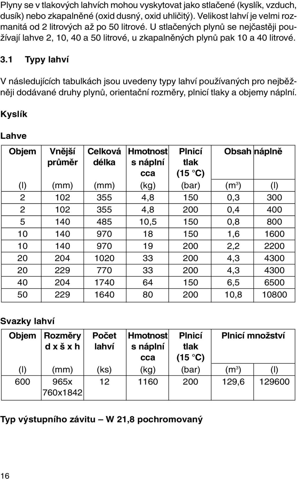 1 Typy lahví V následujících tabulkách jsou uvedeny typy lahví pouïívan ch pro nejbûïnûji dodávané druhy plynû, orientaãní rozmûry, plnicí tlaky a objemy náplní.