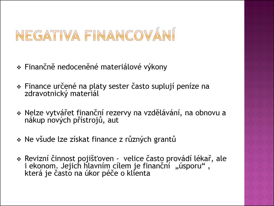 přístrojů, aut Ne všude lze získat finance z různých grantů Revizní činnost pojišťoven - velice