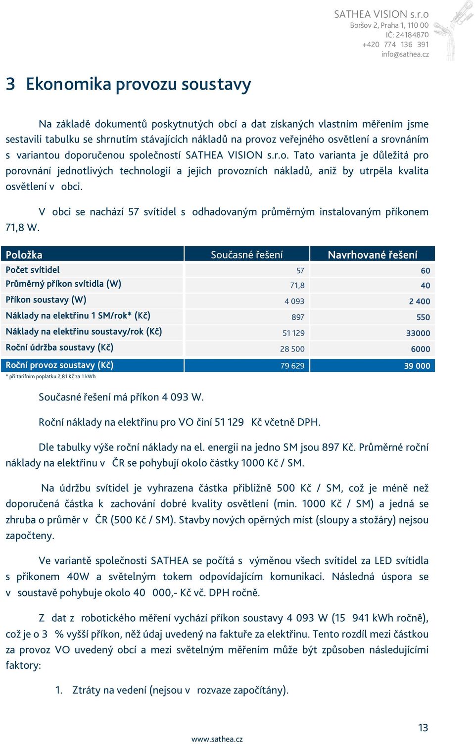 V obci se nachází 57 svítidel s odhadovaným průměrným instalovaným příkonem 71,8 W.