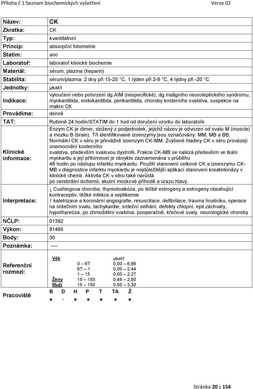 maligního uroleptického syndromu, myokarditida, endokarditida, perikarditida, choroby kosterního svalstva, suspekce na makro CK Rutinně 24 hodin/statim do 1 hod od doručení vzorku do laboratoře Enzym