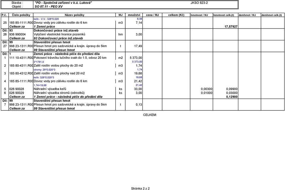 staveb 26 936 990004 Vytýčení vlastnické hranice pozemků hm 3,00 Celkem za 93 Dokončovací práce inž.staveb 27 998 23-1311.R00 Přesun hmot pro sadovnické a krajin.