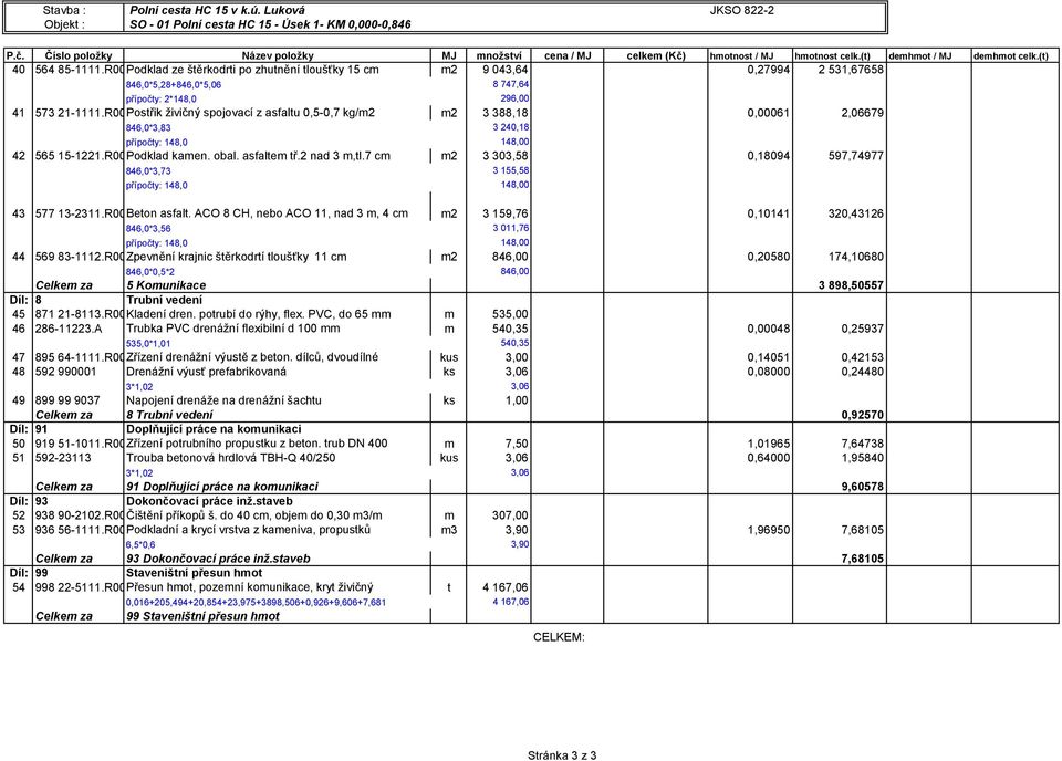 R00Postřik živičný spojovací z asfaltu 0,5-0,7 kg/m2 m2 3 388,18 0,00061 2,06679 846,0*3,83 3 240,18 přípočty: 148,0 148,00 42 565 15-1221.R00Podklad kamen. obal. asfaltem tř.2 nad 3 m,tl.