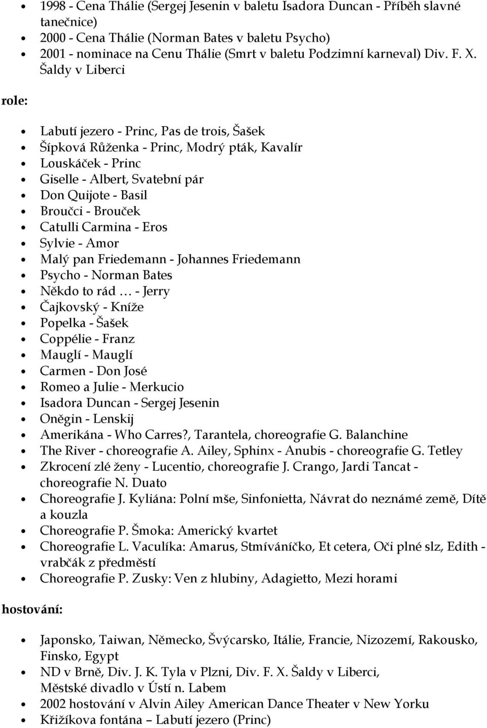 Šaldy v Liberci Labutí jezero - Princ, Pas de trois, Šašek Šípková Růženka - Princ, Modrý pták, Kavalír Louskáček - Princ Giselle - Albert, Svatební pár Don Quijote - Basil Broučci - Brouček Catulli