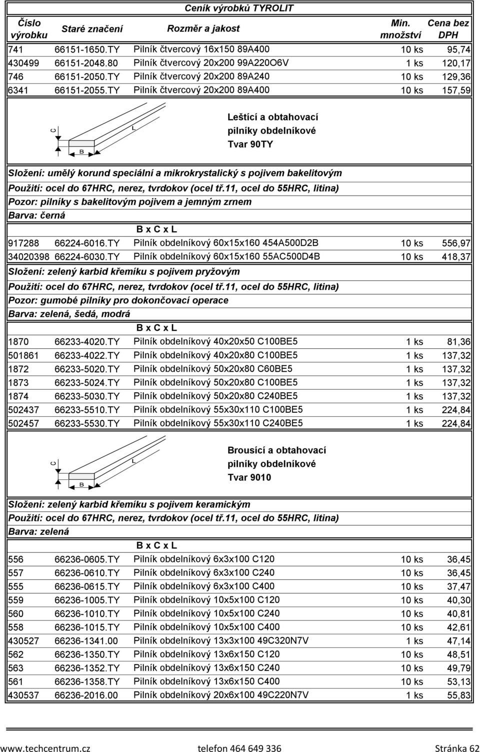 TY Pilník čtvercový 20x200 89A400 10 ks 157,59 Leštící a obtahovací pilníky obdelníkové Tvar 90TY Složení: umělý korund speciální a mikrokrystalický s pojivem bakelitovým Použití: ocel do 67HRC,