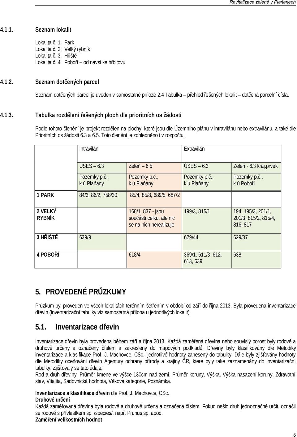 Tabulka rozdělení řešených ploch dle prioritních os žádosti Podle tohoto členění je projekt rozdělen na plochy, které jsou dle Územního plánu v intravilánu nebo extravilánu, a také dle Prioritních os