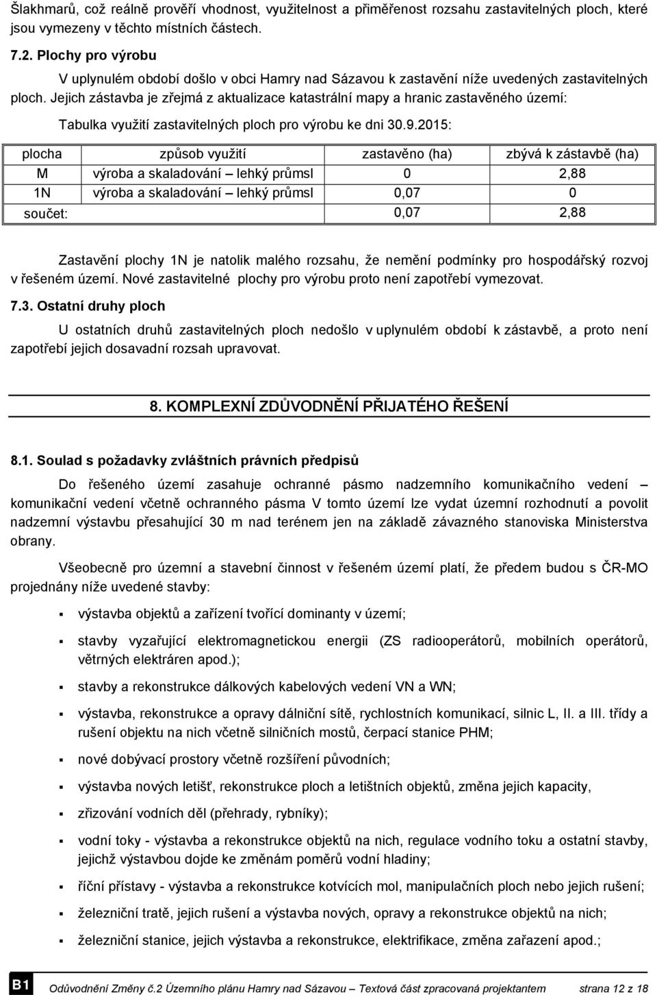 Jejich zástavba je zřejmá z aktualizace katastrální mapy a hranic zastavěného území: Tabulka využití zastavitelných ploch pro výrobu ke dni 30.9.