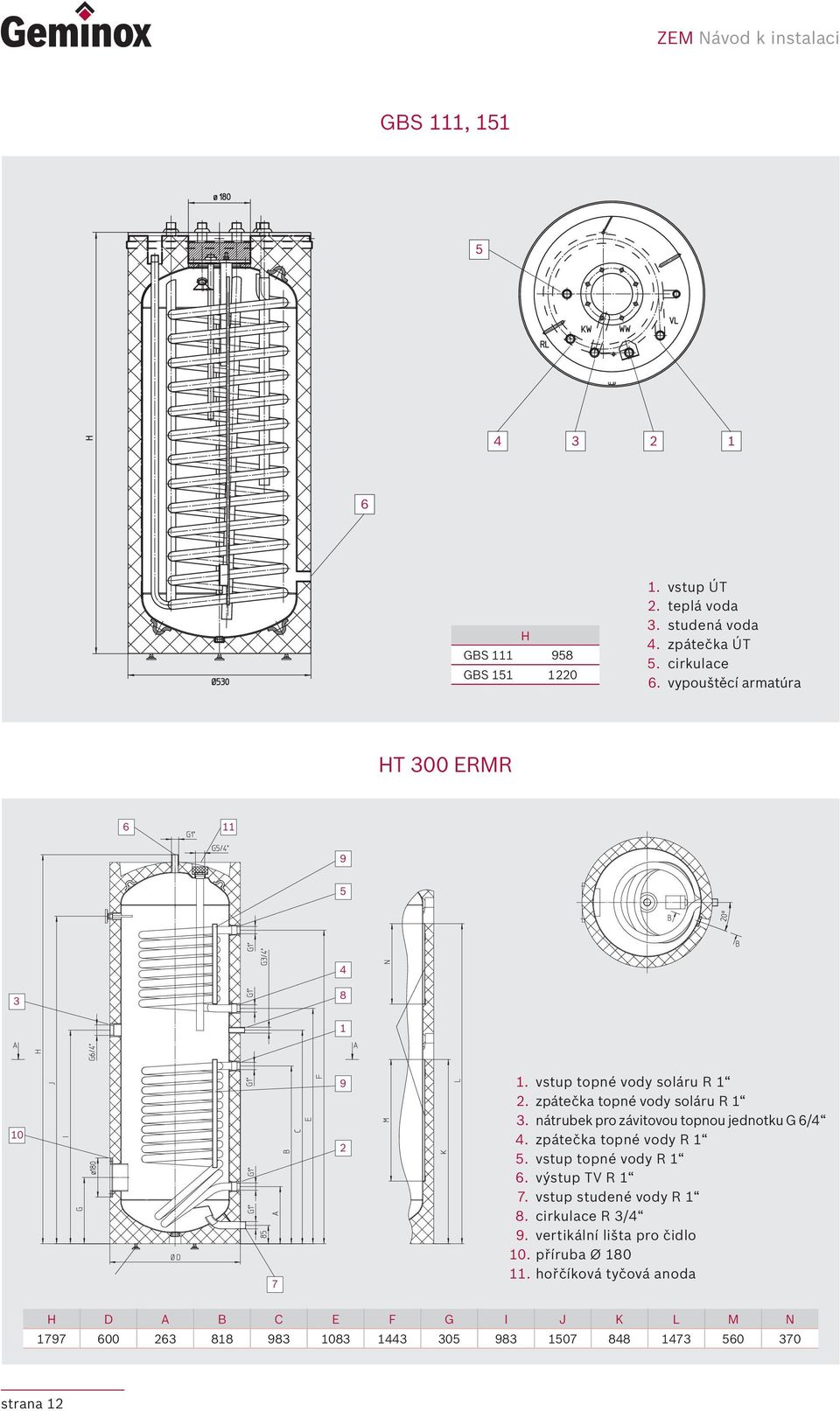 nátrubek pro závitovou topnou jednotku G 6/4 4. zpátečka topné vody R. vstup topné vody R 6. výstup TV R 7. vstup studené vody R 8.