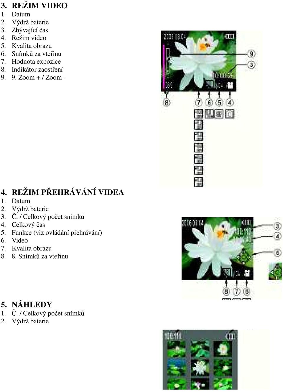 REŽIM PŘEHRÁVÁNÍ VIDEA 1. Datum 2. Výdrž baterie 3. Č. / Celkový počet snímků 4. Celkový čas 5.