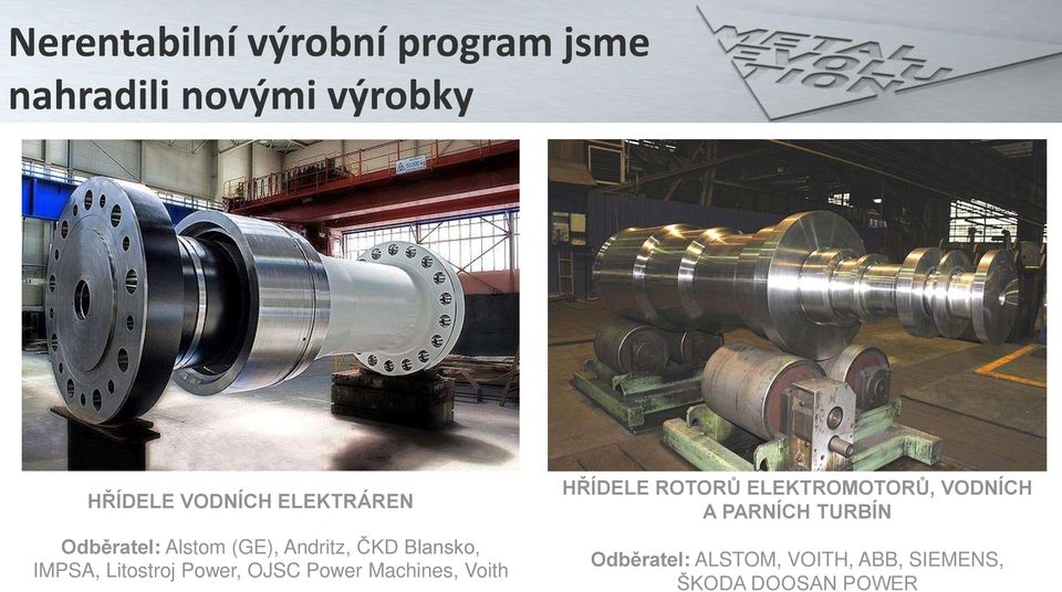 Alstom (GE), Andritz, ČKD Blansko, Hřídele vodníc Odběratel: ALSTOM, VOITH, ABB,