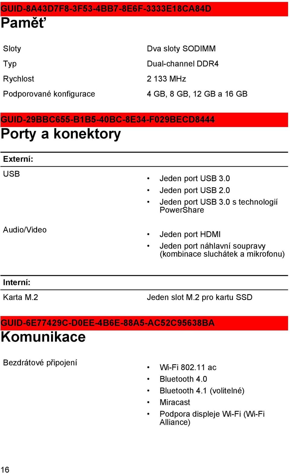 0 s technologií PowerShare Jeden port HDMI Jeden port náhlavní soupravy (kombinace sluchátek a mikrofonu) Interní: Karta M.2 Jeden slot M.