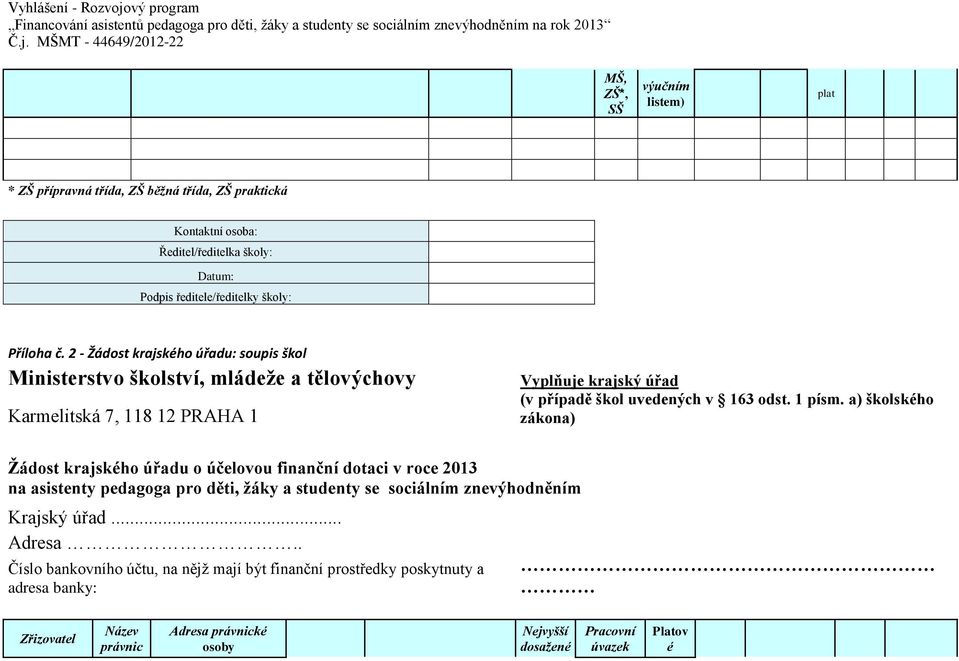 1 písm. a) školského zákona) Žádost krajského úřadu o účelovou finanční dotaci v roce 2013 na asistenty pedagoga pro děti, žáky a studenty se sociálním znevýhodněním Krajský úřad.