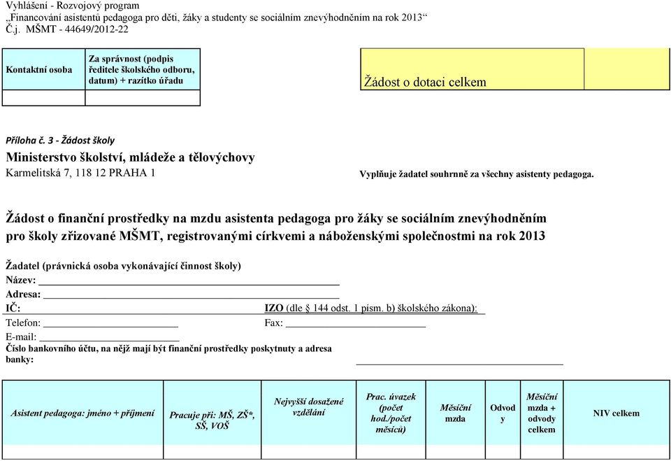 Žádost o finanční prostředky na mzdu asistenta pedagoga pro žáky se sociálním znevýhodněním pro školy zřizované MŠMT, registrovanými církvemi a náboženskými společnostmi na rok 2013 Žadatel