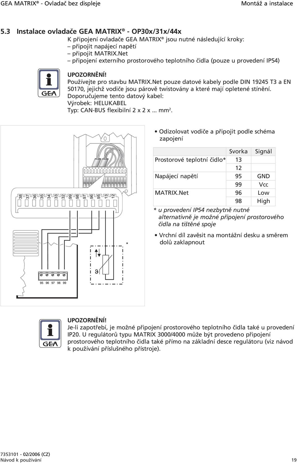 Net připojení externího prostorového teplotního čidla (pouze u provedení IP54) UPOZORNĚNÍ! Používejte pro stavbu MATRIX.