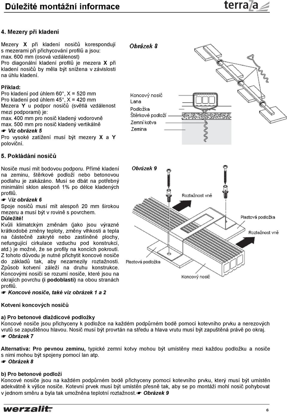 Příklad: Pro kladení pod úhlem 60, X = 520 mm Pro kladení pod úhlem 45, X = 420 mm Mezera Y u podpor nosičů (světlá vzdálenost mezi podporami) je: max. 400 mm pro nosič kladený vodorovně max.