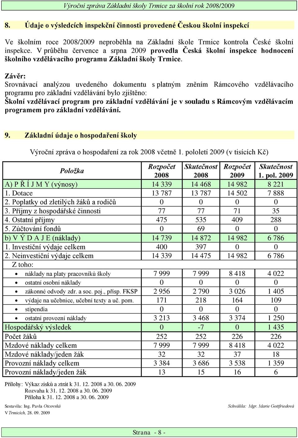 Závěr: Srovnávací analýzou uvedeného dokumentu s platným zněním Rámcového vzdělávacího programu pro základní vzdělávání bylo zjištěno: Školní vzdělávací program pro základní vzdělávání je v souladu s