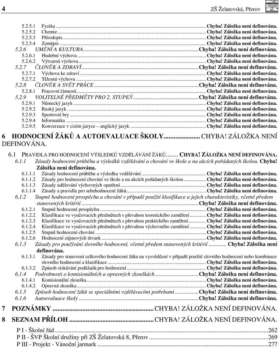 ..Chyba! Záložka není definována. 5.2.7.1 Výchova ke zdraví... Chyba! Záložka není definována. 5.2.7.2 Tělesná výchova... Chyba! Záložka není definována. 5.2.8 ČLOVĚK A SVĚT PRÁCE...Chyba! Záložka není definována. 5.2.8.1 Pracovní činnosti.
