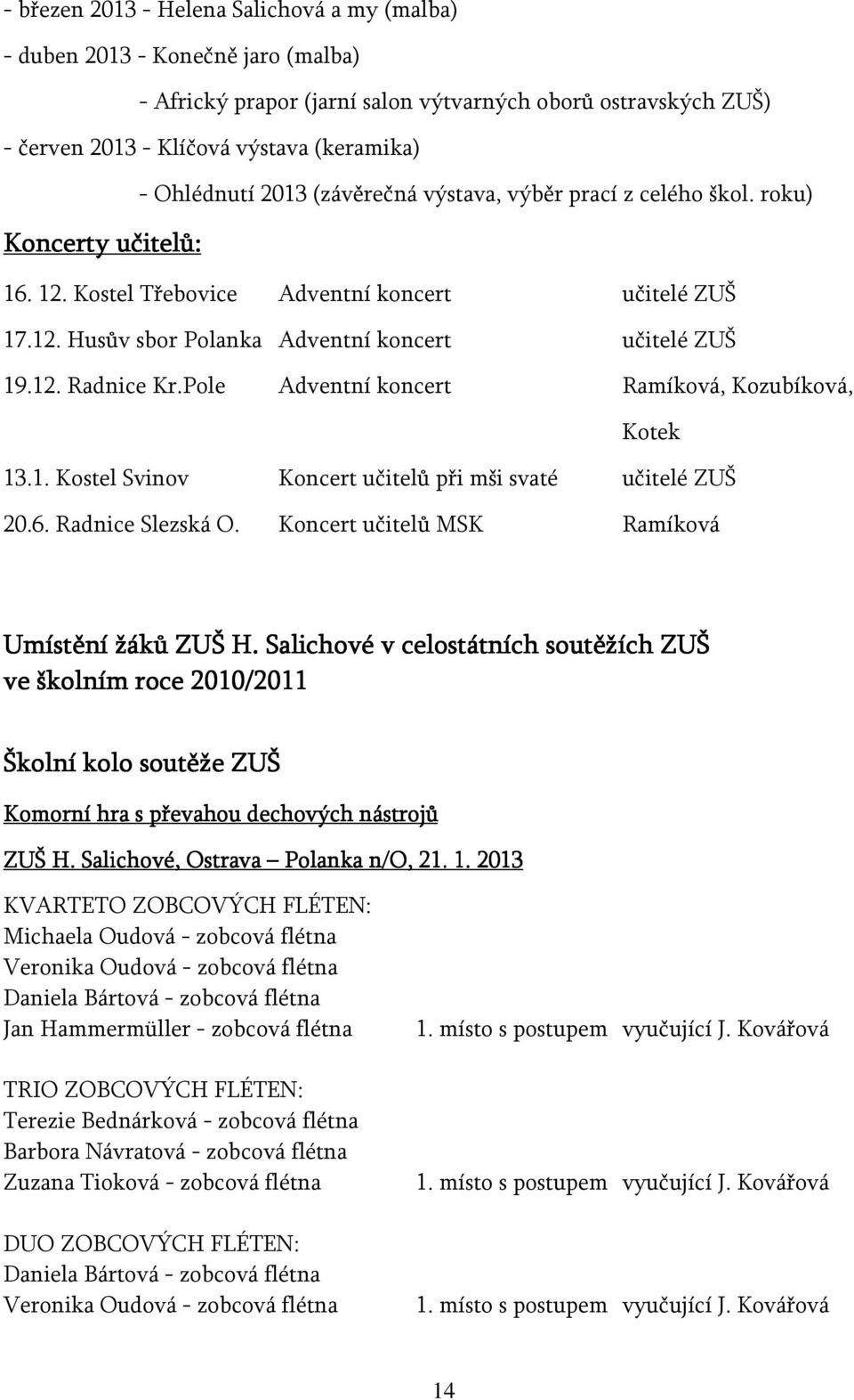 12. Radnice Kr.Pole Adventní koncert Ramíková, Kozubíková, Kotek 13.1. Kostel Svinov Koncert učitelů při mši svaté učitelé ZUŠ 20.6. Radnice Slezská O.