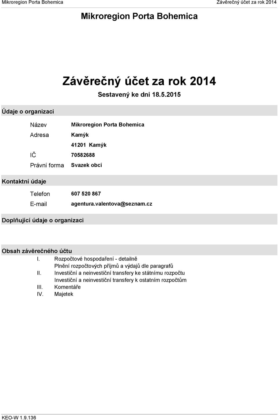 E-mail agentura.valentova@seznam.cz Doplňující údaje o organizaci Obsah závěrečného účtu I.