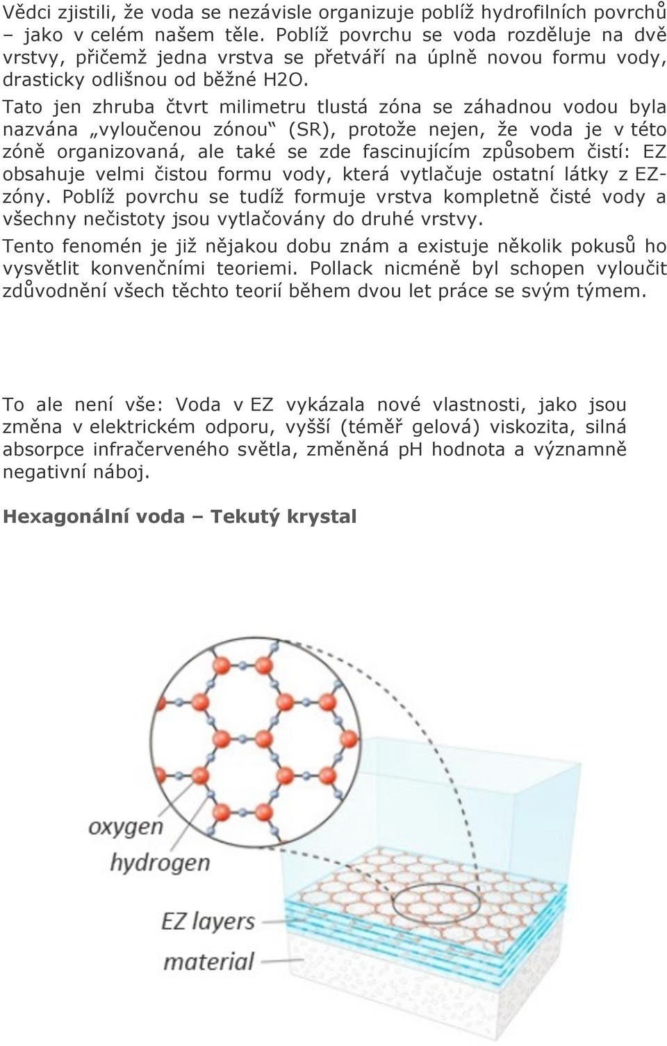 Tato jen zhruba čtvrt milimetru tlustá zóna se záhadnou vodou byla nazvána vyloučenou zónou (SR), protože nejen, že voda je v této zóně organizovaná, ale také se zde fascinujícím způsobem čistí: EZ