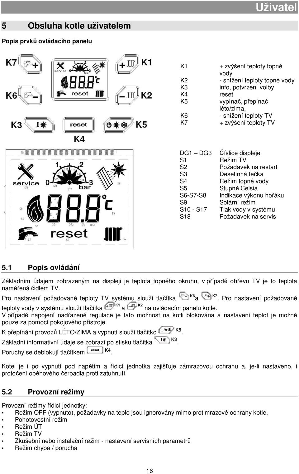 Indikace výkonu hořáku Solární režim Tlak vody v systému Požadavek na servis 5.