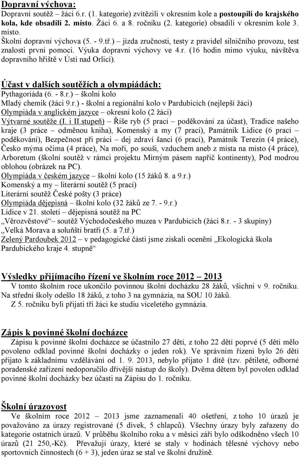 Účast v dalších soutěžích a olympiádách: Pythagoriáda (6. - 8.r.) školní kolo Mladý chemik (žáci 9.r.) - školní a regionální kolo v Pardubicích (nejlepší žáci) Olympiáda v anglickém jazyce okresní kolo (2 žáci) Výtvarné soutěže (I.