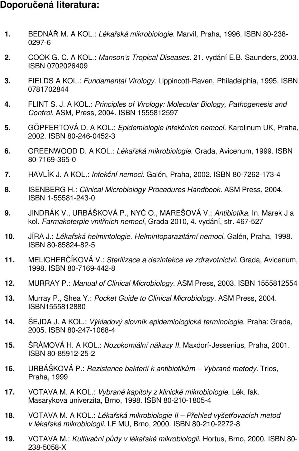ASM, Press, 2004. ISBN 1555812597 5. GÖPFERTOVÁ D. A KOL.: Epidemiologie infekčních nemocí. Karolinum UK, Praha, 2002. ISBN 80-246-0452-3 6. GREENWOOD D. A KOL.: Lékařská mikrobiologie.