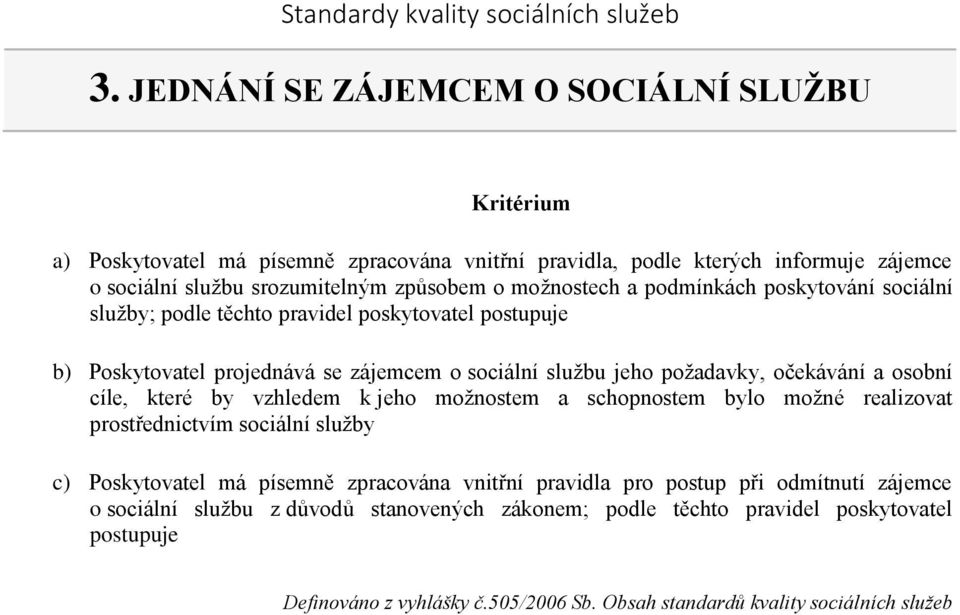 podmínkách poskytování sociální služby; podle těchto pravidel poskytovatel postupuje b) Poskytovatel projednává se zájemcem o sociální službu jeho požadavky, očekávání a osobní cíle, které by