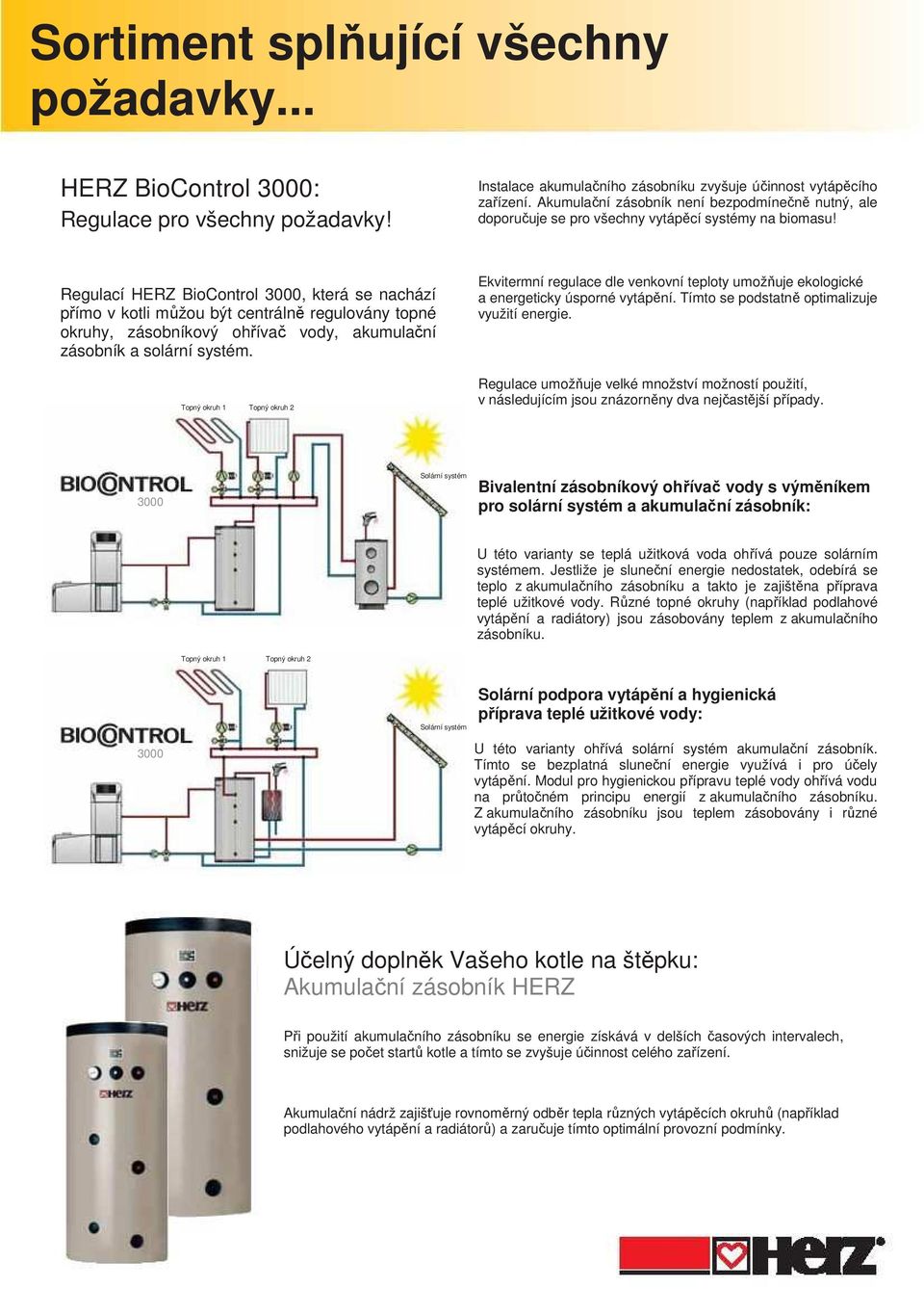 Regulací HERZ BioControl 3000, která se nachází přímo v kotli můžou být centrálně regulovány topné okruhy, zásobníkový ohřívač vody, akumulační zásobník a solární systém.