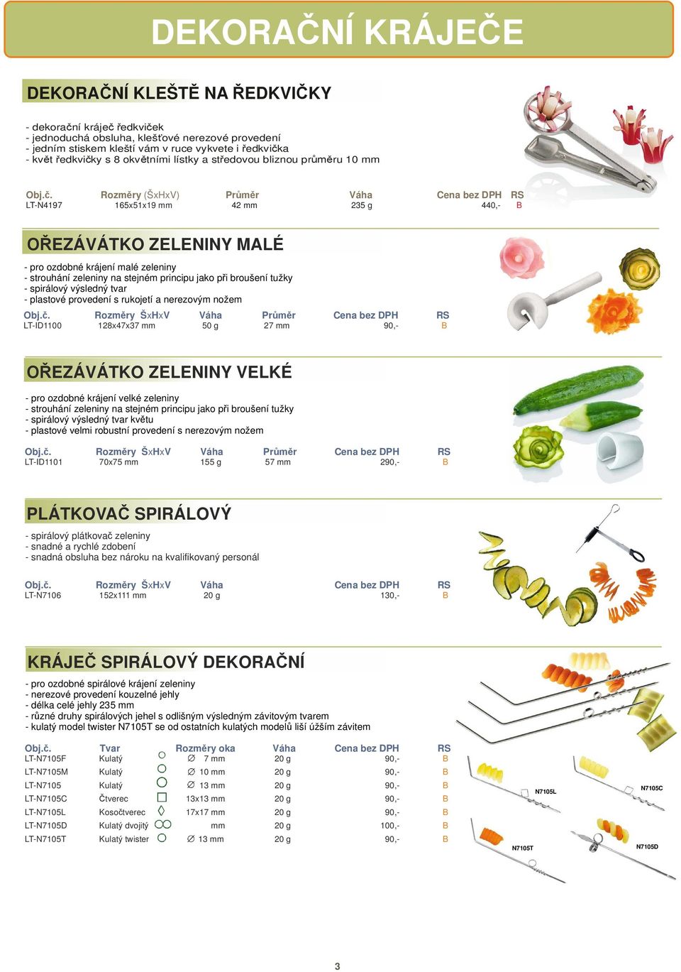 Rozměry (ŠxHxV) Průměr Váha Cena bez DPH RS LT-N4197 165x51x19 mm 42 mm 235 g 440,- B OŘEZÁVÁTKO ZELENINY MALÉ - pro ozdobné krájení malé zeleniny - strouhání zeleniny na stejném principu jako při