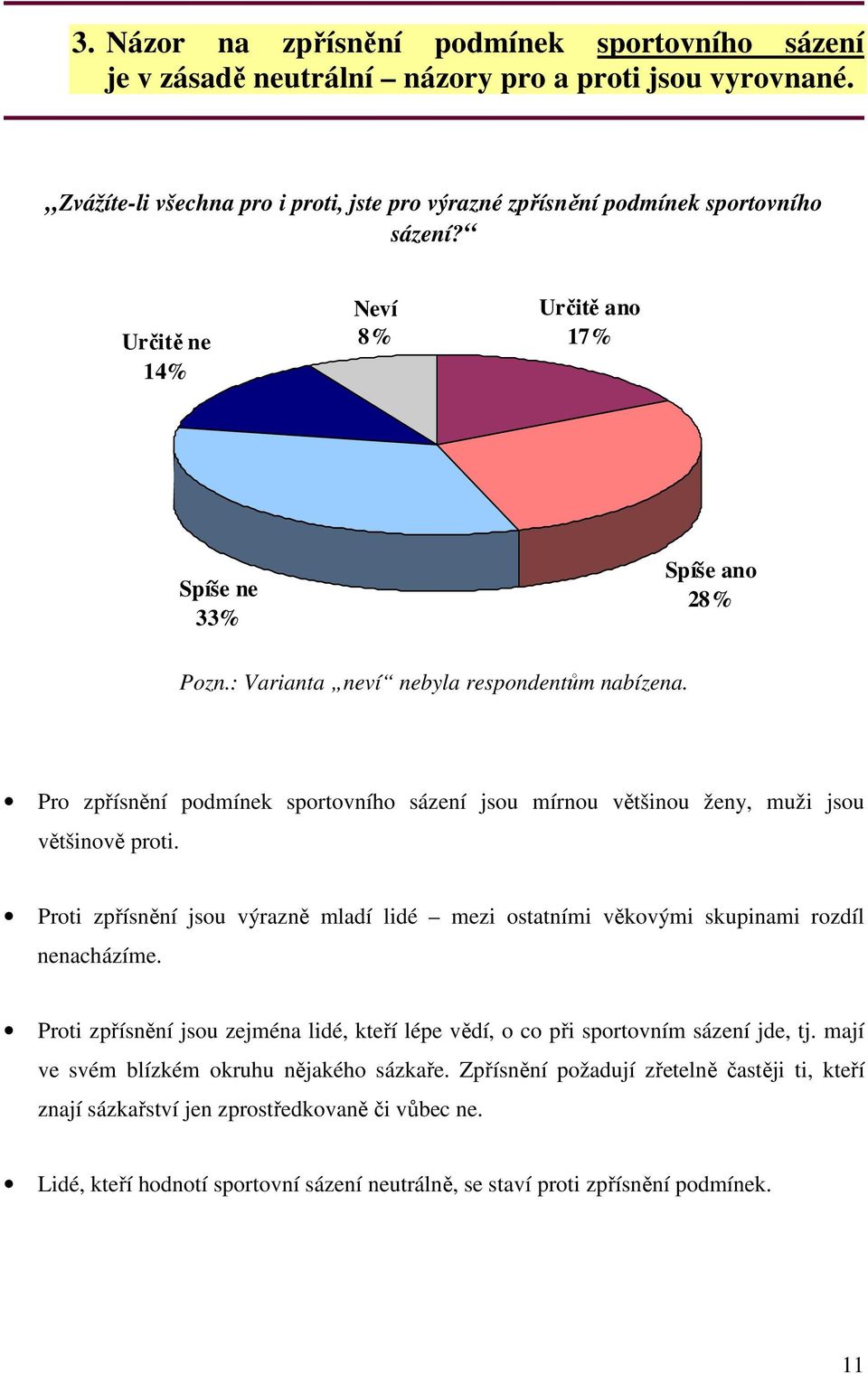 Proti zpřísnění jsou výrazně mladí lidé mezi ostatními věkovými skupinami rozdíl nenacházíme. Proti zpřísnění jsou zejména lidé, kteří lépe vědí, o co při sportovním sázení jde, tj.
