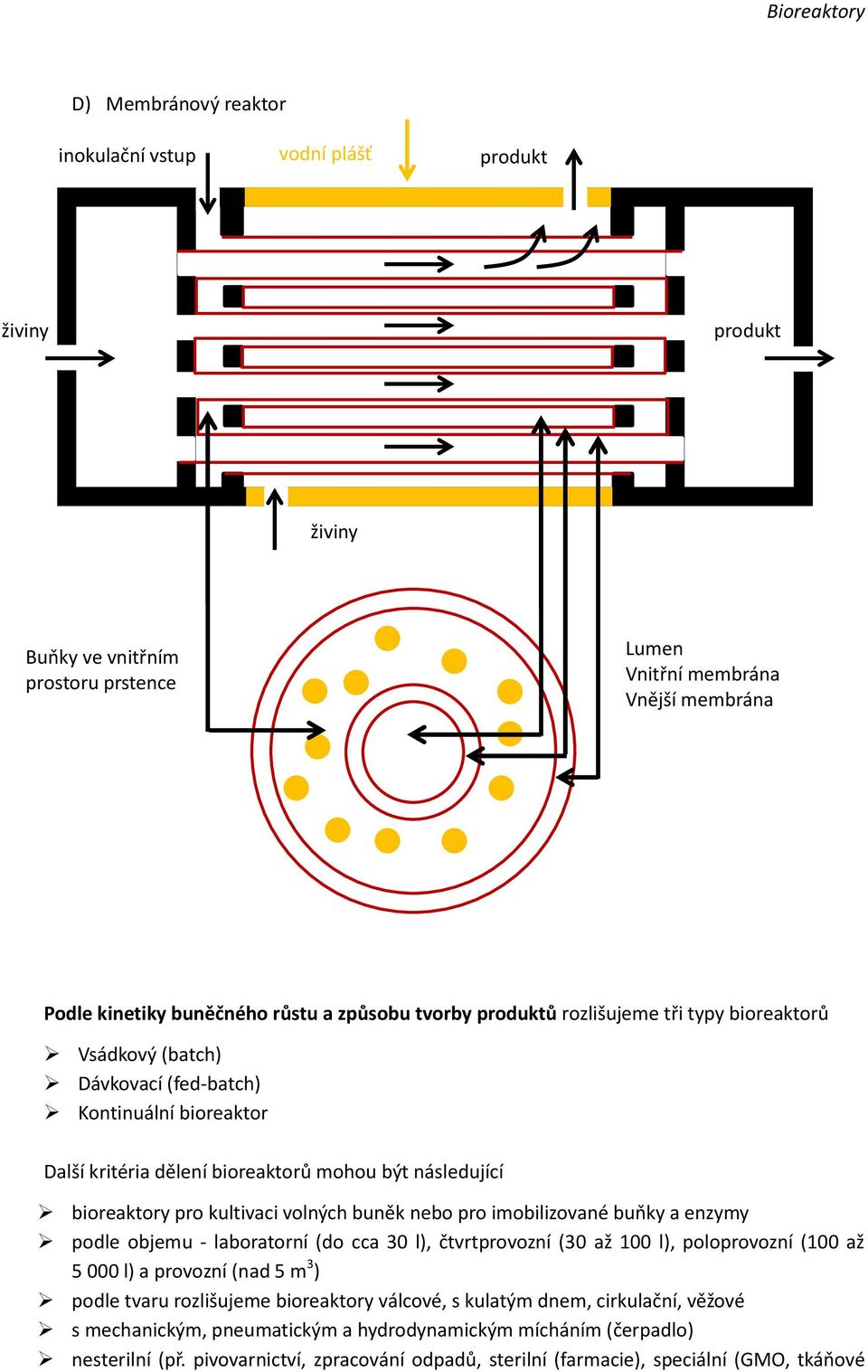 volných buněk nebo pro imobilizované buňky a enzymy podle objemu - laboratorní (do cca 30 l), čtvrtprovozní (30 až 100 l), poloprovozní (100 až 5 000 l) a provozní (nad 5 m 3 ) podle tvaru