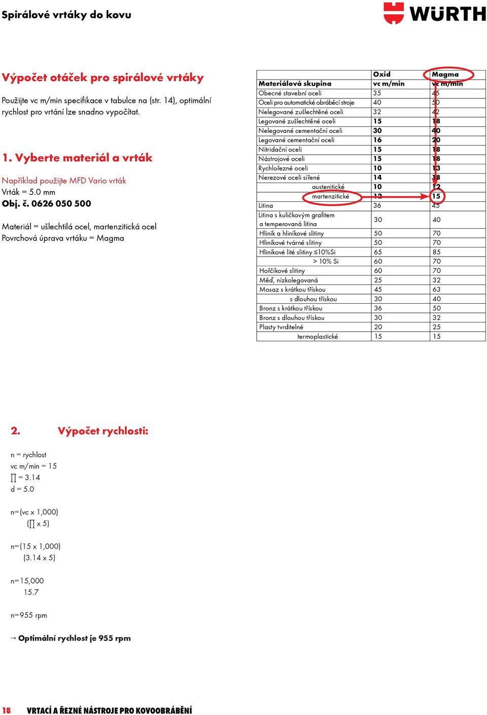 0626 050 500 Materiál = ušlechtilá ocel, martenzitická ocel Povrchová úprava vrtáku = Magma Oxid Magma Materiálová skupina vc m/min vc m/min Obecné stavební oceli 35 45 Oceli pro automatické obráběcí