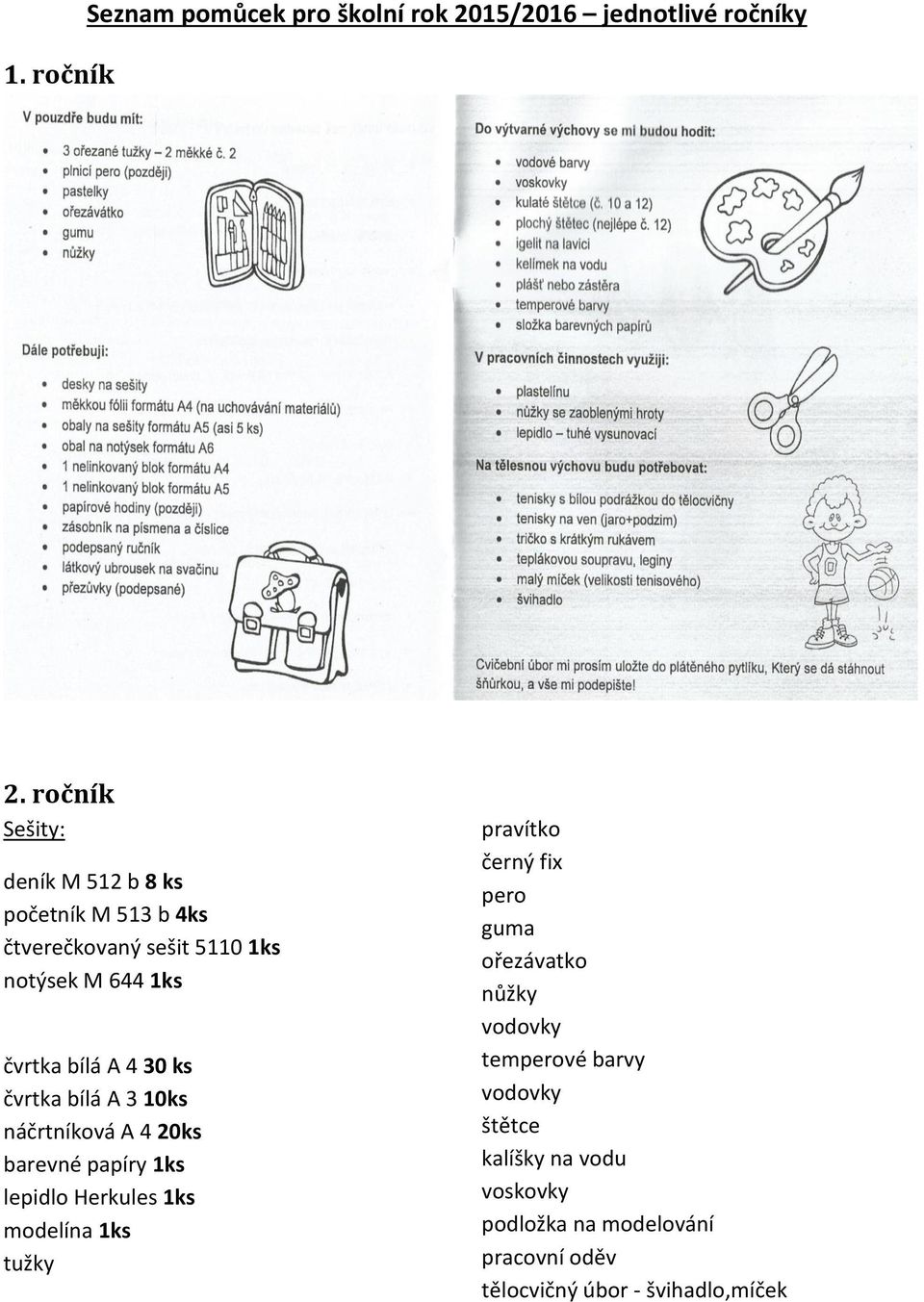 čvrtka bílá A 3 10ks náčrtníková A 4 20ks barevné papíry 1ks lepidlo Herkules 1ks modelína 1ks tužky pravítko černý