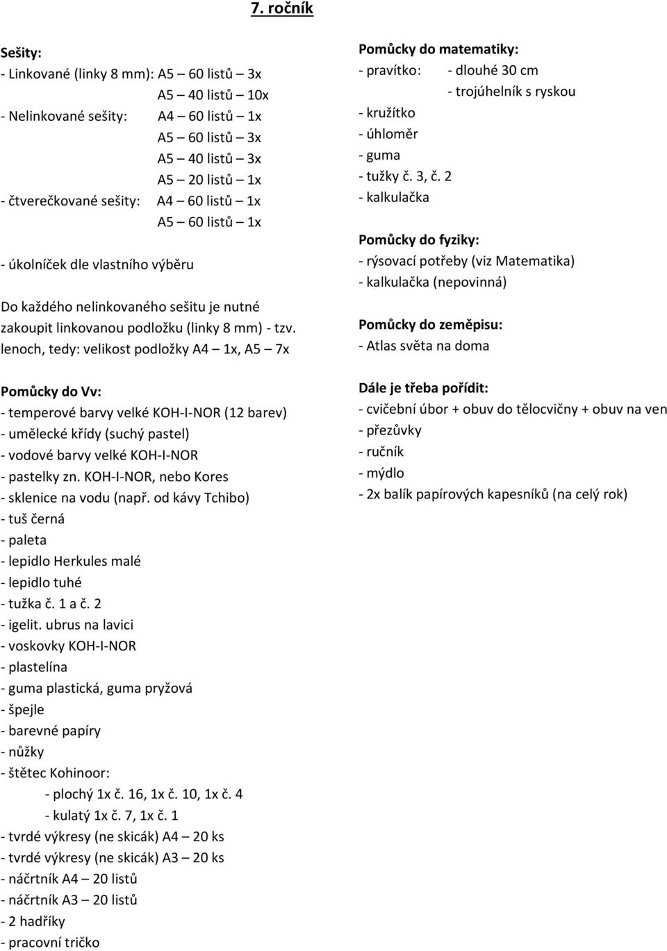 lenoch, tedy: velikost podložky A4 1x, A5 7x - umělecké křídy (suchý pastel) plastická, guma pryžová - tvrdé výkresy (ne skicák) A4 20 ks - tvrdé výkresy (ne skicák) A3 20 ks - náčrtník A4
