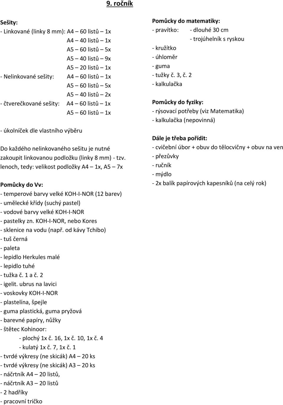 lenoch, tedy: velikost podložky A4 1x, A5 7x - umělecké křídy (suchý pastel), špejle plastická, guma pryžová, nůžky - tvrdé výkresy (ne skicák) A4 20 ks - tvrdé výkresy (ne skicák)