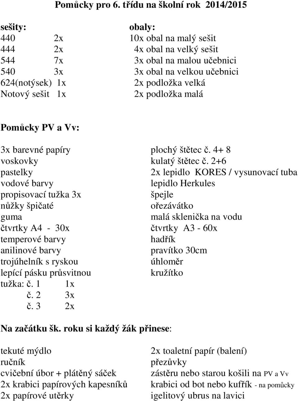 sešit 544 7x 3x obal na malou učebnici 540 3x 3x obal na velkou učebnici 624(notýsek) 1x 2x