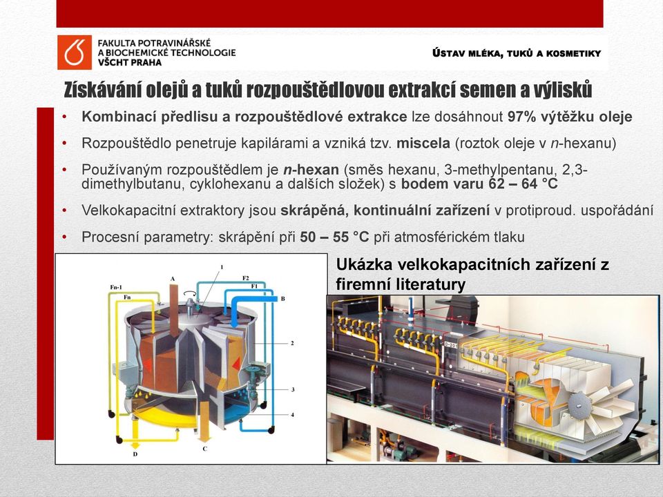 miscela (roztok oleje v n-hexanu) Používaným rozpouštědlem je n-hexan (směs hexanu, 3-methylpentanu, 2,3- dimethylbutanu, cyklohexanu a