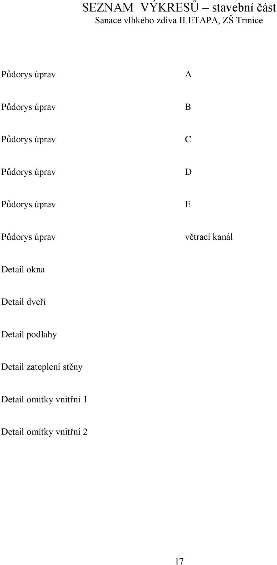 úprav D Půdorys úprav E Půdorys úprav větrací kanál Detail okna Detail