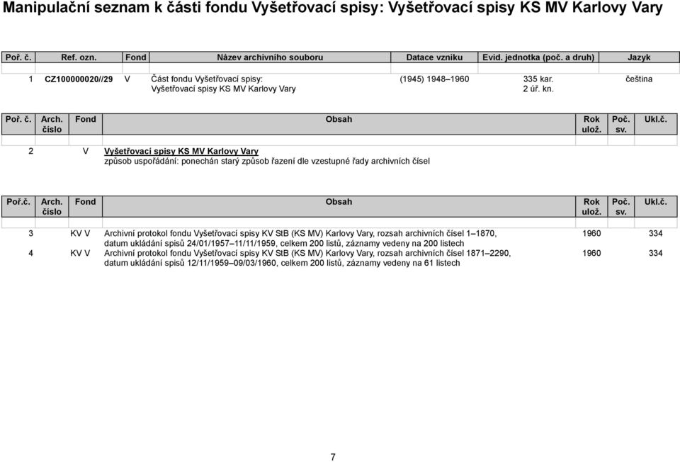 2 V Vyšetřovací spisy KS MV Karlovy Vary způsob uspořádání: ponechán starý způsob řazení dle vzestupné řady archivních čísel Po Ukl.