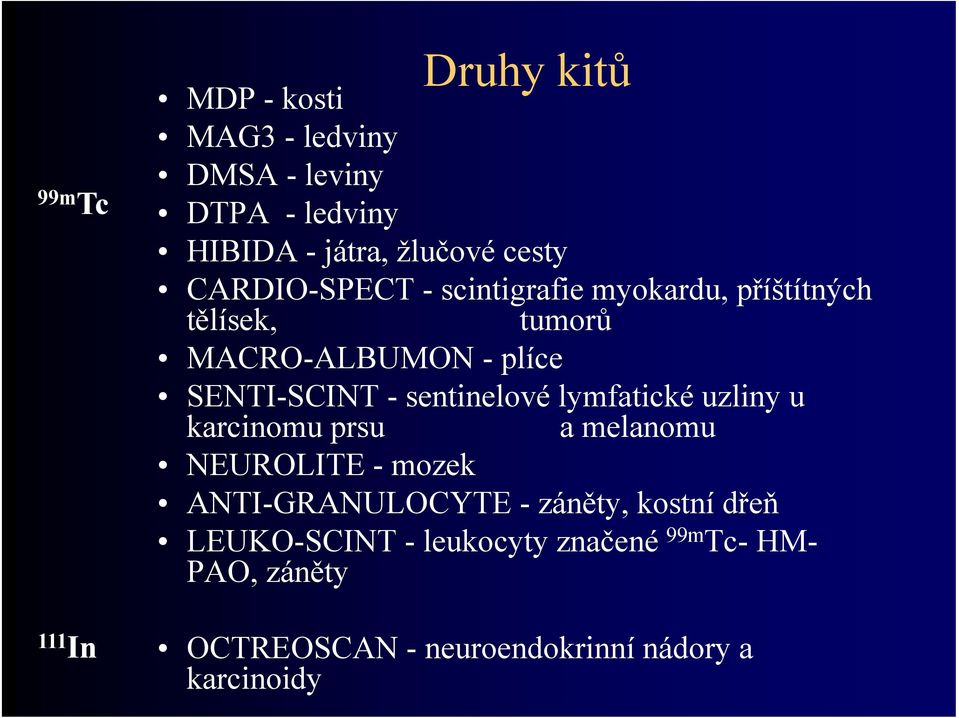 SENTI-SCINT - sentinelové lymfatické uzliny u karcinomu prsu a melanomu NEUROLITE - mozek ANTI-GRANULOCYTE -
