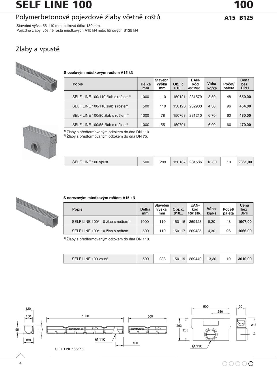 .. SELF LINE 100/110 žlab s roštem 1) 1000 110 150121 231579 8,50 48 650,00 SELF LINE 100/110 žlab s roštem 500 110 150123 232903 4,30 96 454,00 SELF LINE 100/80 žlab s roštem 1) 1000 78 150763