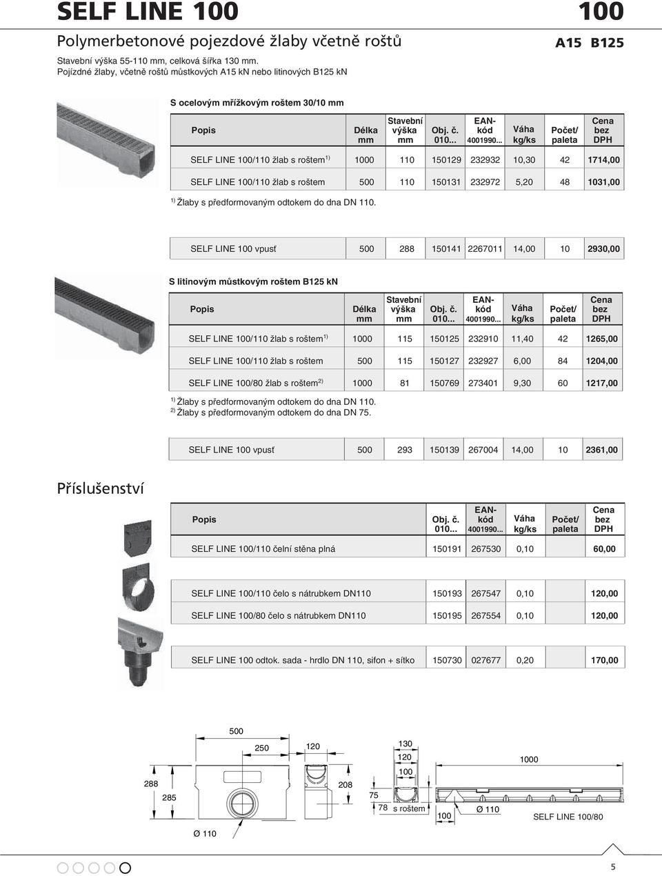 .. SELF LINE 100/110 žlab s roštem 1) 1000 110 150129 232932 10,30 42 1714,00 SELF LINE 100/110 žlab s roštem 500 110 150131 232972 5,20 48 1031,00 1) Žlaby s předformovaným odtokem do dna DN 110.