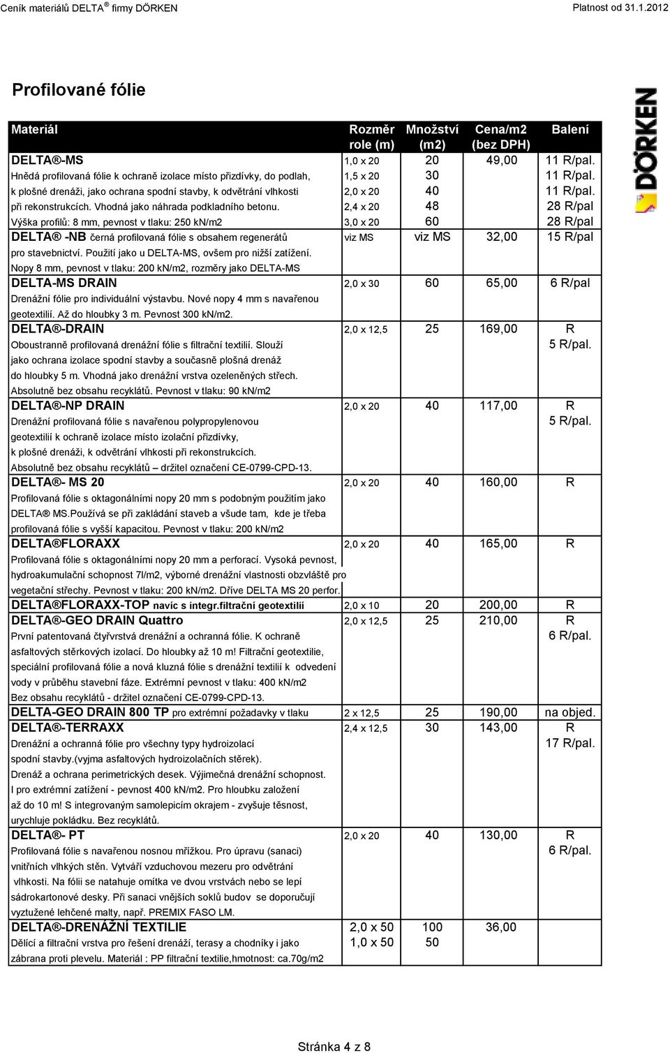 2,4 x 20 48 28 R/pal Výška profilů: 8 mm, pevnost v tlaku: 250 kn/m2 3,0 x 20 60 28 R/pal DELTA -NB černá profilovaná fólie s obsahem regenerátů viz MS viz MS 32,00 15 R/pal pro stavebnictví.