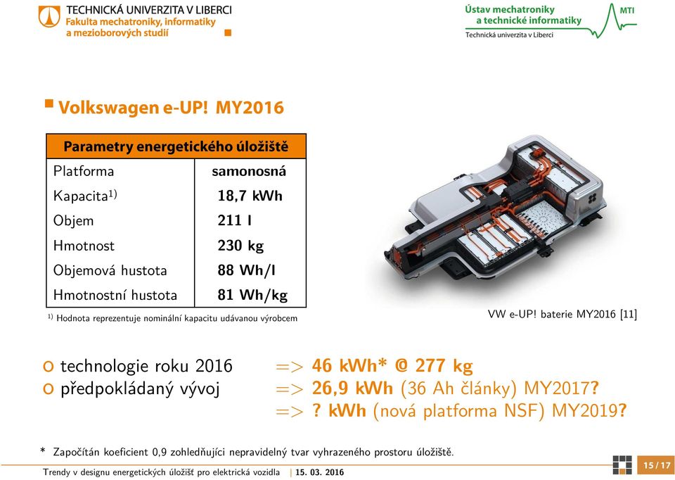 88 Wh/l Hmotnostní hustota 81 Wh/kg 1) Hodnota reprezentuje nominální kapacitu udávanou výrobcem VW e-up!