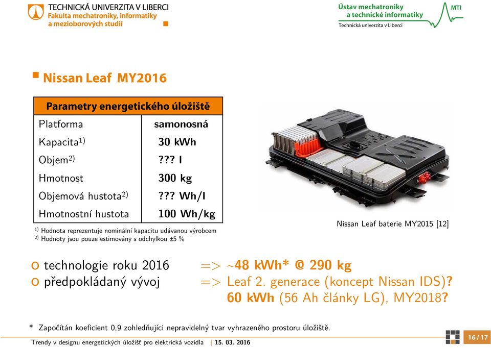 odchylkou ±5 5 % Nissan Leaf baterie MY2015 [12] o technologie roku 2016 o předpokládaný vývoj => ~48 kwh* @ 290 kg => Leaf 2.