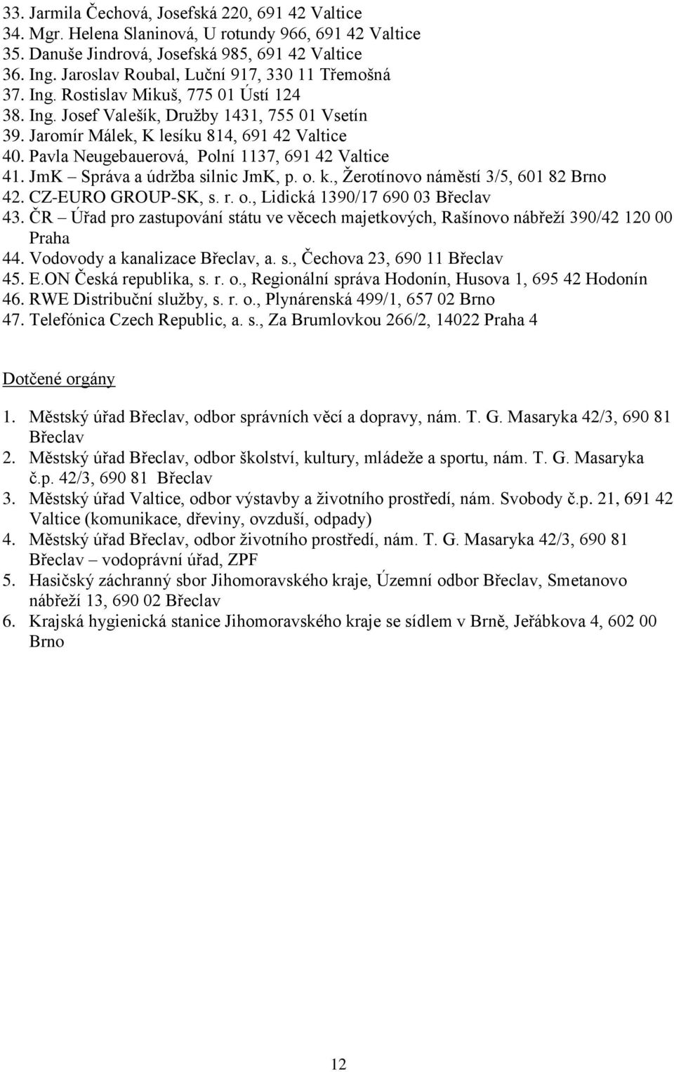 Pavla Neugebauerová, Polní 1137, 691 42 Valtice 41. JmK Správa a údržba silnic JmK, p. o. k., Žerotínovo náměstí 3/5, 601 82 Brno 42. CZ-EURO GROUP-SK, s. r. o., Lidická 1390/17 690 03 Břeclav 43.