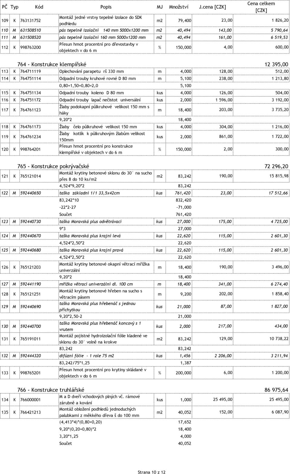 izolační 160 mm 5000x1200 mm m2 40,494 161,00 6 519,53 Přesun hmot procentní pro dřevostavby v 112 K 998763200 % 150 objektech v do 6 m 764 - Konstrukce klempířské 113 K 764711119 Oplechování