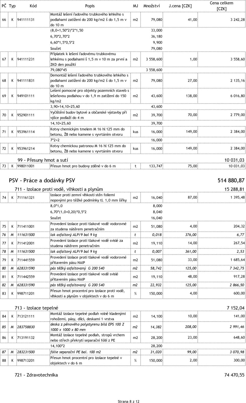 79,080 Příplatek k lešení řadovému trubkovému 67 K 941111231 lehkému s podlahami š 1,5 m v 10 m za první a ZKD den použití m2 3 558,600 79,080*45 3 558,600 Demontáž lešení řadového trubkového lehkého