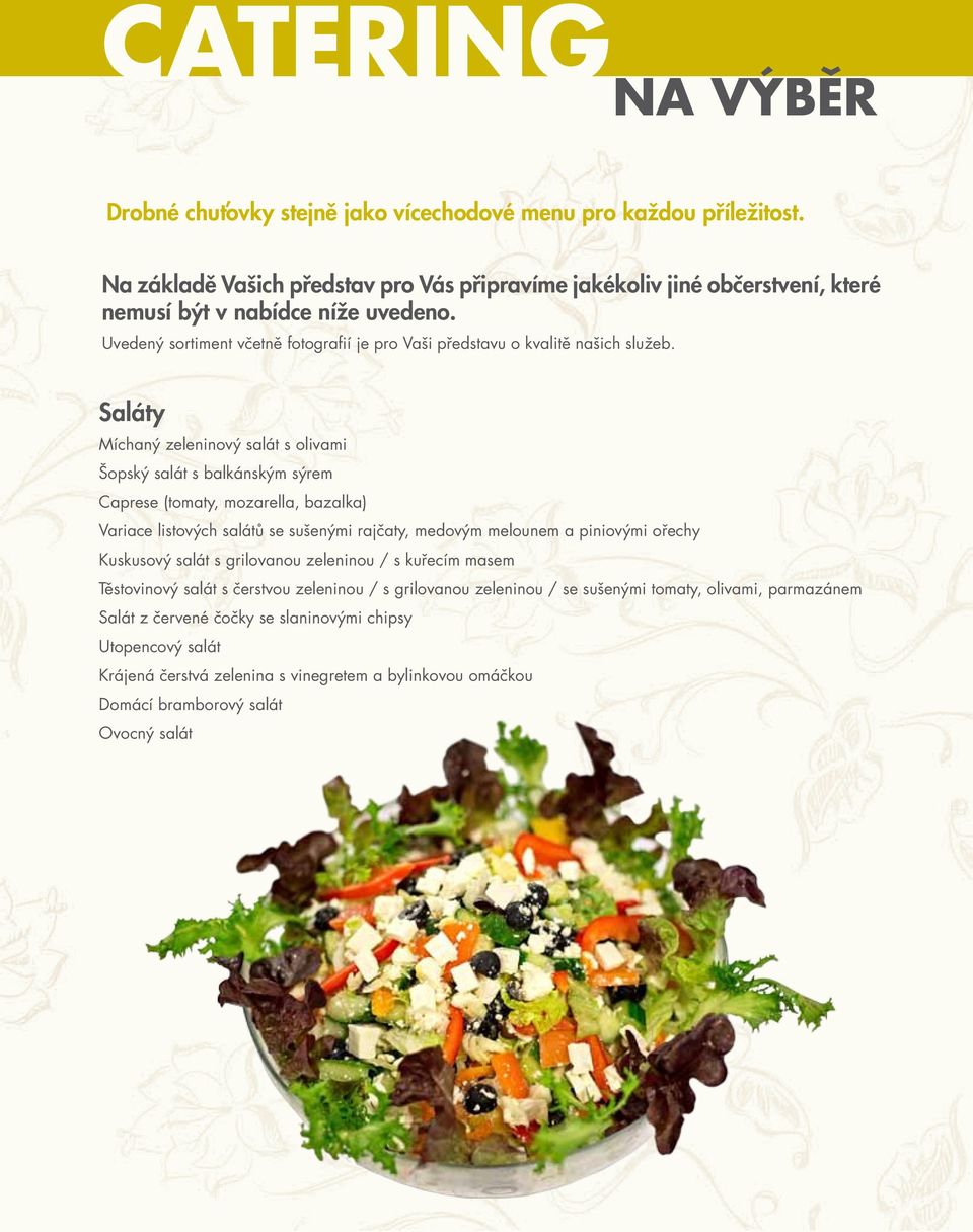 Saláty Míchaný zeleninový salát s olivami Šopský salát s balkánským sýrem Caprese (tomaty, mozarella, bazalka) Variace listových salátů se sušenými rajčaty, medovým melounem a piniovými ořechy